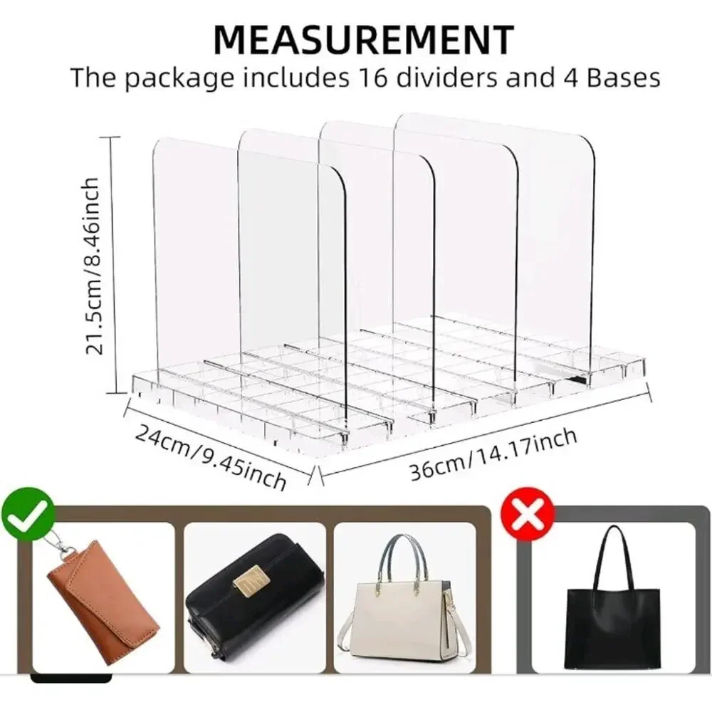 Stackable Bag & Purse Organizer for Closet Shelf Acrylic Shelf Dividers 4 Pack